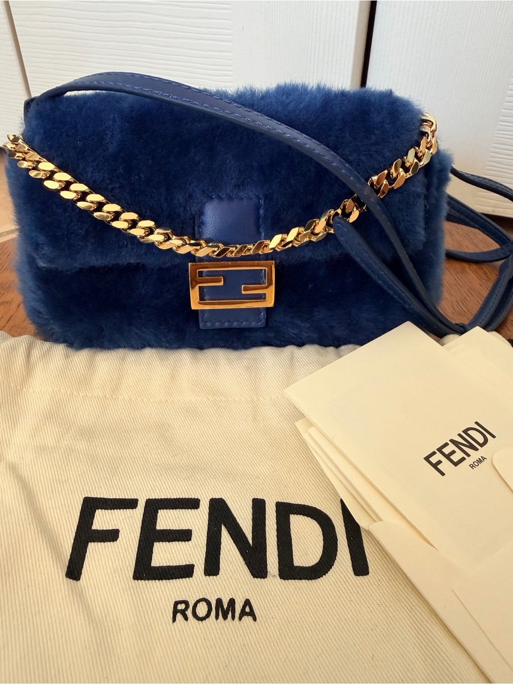 NWT Fendi Blue Shearling Mini Baguette Bag with Gold Chain